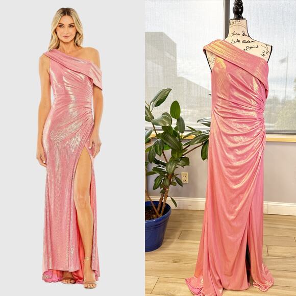Mac Duggal  Off The Shoulder Ruched Waist Slit Metallic Gown 27152 Size 12 - Picture 1 of 8